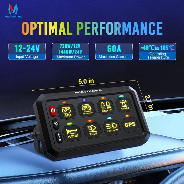 Alt view image 4 of 7 - P1B RGB 8 Gang Switch Panel, Multifunction Toggle Momentary Flash Strobe Pulsed Switch Pod with Backlit Off, 5-Level Brightness Circuit Control Relay System Box for Truck RV Offroad Marine