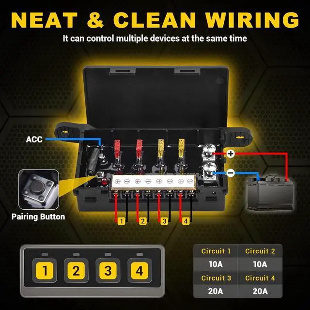 Alt view image 4 of 7 - Wireless 4 Gang Switch Panel - Multifunction Toggle Switches Control High Performance 80A Circuit Control Relay Switch Box with 2 Light Memory Function for 12V Truck SUV UTV ATV Marine RV