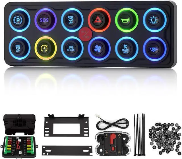 Main image of Switch Panel Upgraded Multicolored Toggle Momentary Pulse Switch Panel,Electronic Relay System for Yachts Trucks Off-Road Vehicles RVs SUVs UTVs ATVs- IP68 Waterproof (12 Gang Switch Panel)