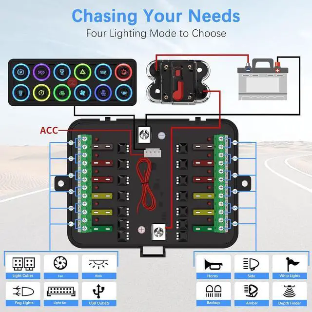 Alt view image 2 of 6 - Switch Panel Upgraded Multicolored Toggle Momentary Pulse Switch Panel,Electronic Relay System for Yachts Trucks Off-Road Vehicles RVs SUVs UTVs ATVs- IP68 Waterproof (12 Gang Switch Panel)