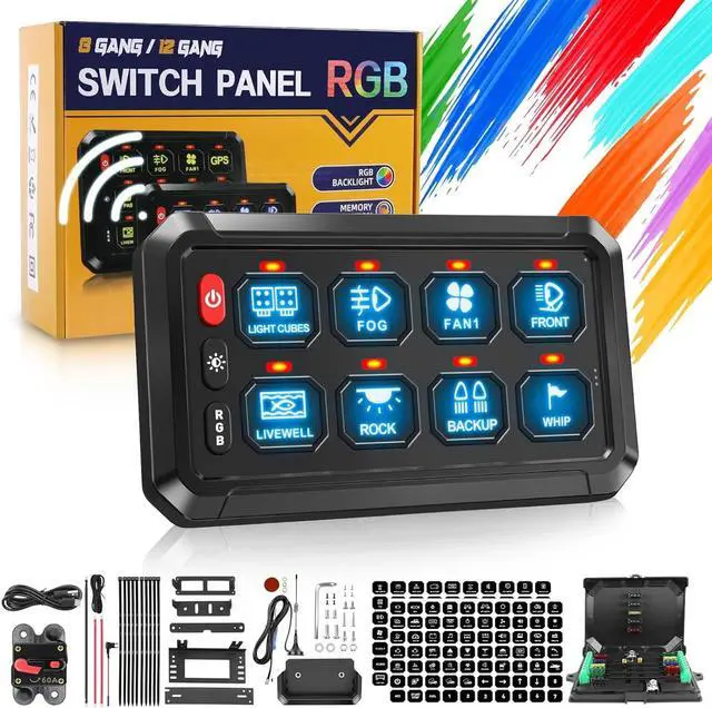 Main image of 8 Gang RGB Switch Panel Wireless Multifunction Push Button Control Box Momentary Strobe Pulsed Waterproof 12-24V LED Touch Switch Pod for Truck Car SUV UTV ATV Boat Marine, 2 Year Warranty