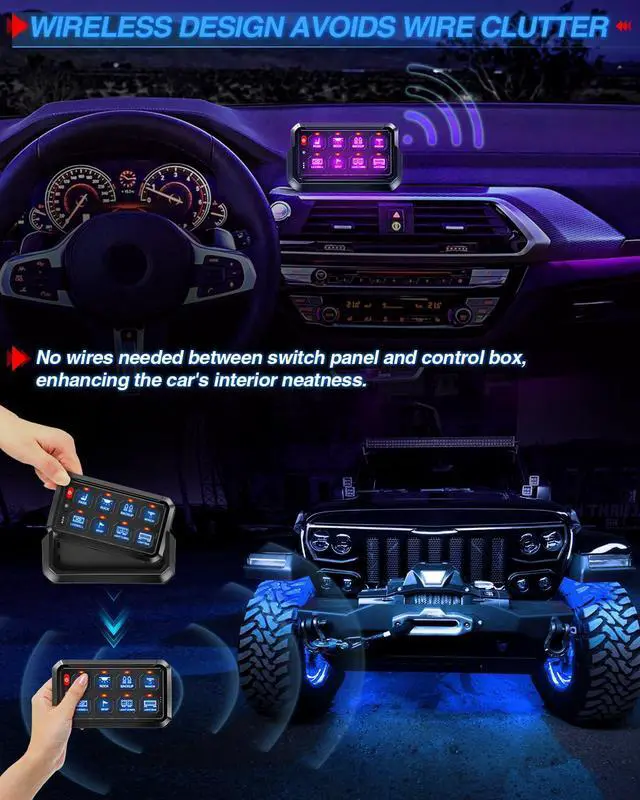 Alt view image 3 of 7 - 8 Gang RGB Switch Panel Wireless Multifunction Push Button Control Box Momentary Strobe Pulsed Waterproof 12-24V LED Touch Switch Pod for Truck Car SUV UTV ATV Boat Marine, 2 Year Warranty