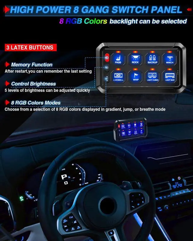 Alt view image 2 of 7 - 8 Gang RGB Switch Panel Wireless Multifunction Push Button Control Box Momentary Strobe Pulsed Waterproof 12-24V LED Touch Switch Pod for Truck Car SUV UTV ATV Boat Marine, 2 Year Warranty