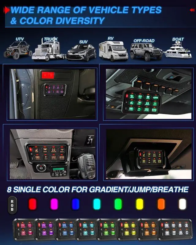Alt view image 5 of 7 - 8 Gang RGB Switch Panel Wireless Multifunction Push Button Control Box Momentary Strobe Pulsed Waterproof 12-24V LED Touch Switch Pod for Truck Car SUV UTV ATV Boat Marine, 2 Year Warranty
