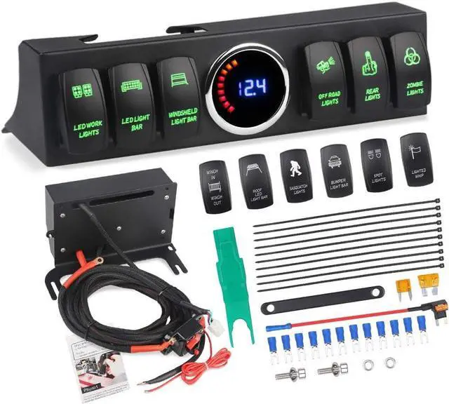 Main image of 6-Switch Pod Toggle Switch Panel Overhead and Source Control System Box Wiring Harness Kit with 12 Switch Covers & a Switch Clip Remover Compatible with Jeep Wrangle (Green)