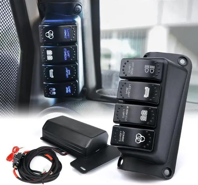 Main image of Left Side A-Pillar 4-Switch Panel Pod Distribution Control System with Blue Backlight and Relay Box, Rocker Switch Panel Kit Compatible with 2007-2018 Wrangler JK JKU