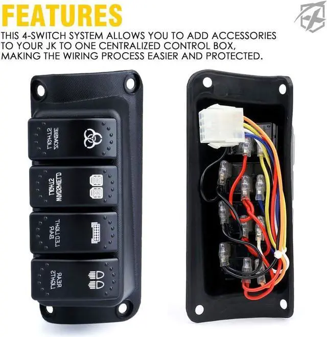 Alt view image 2 of 7 - Left Side A-Pillar 4-Switch Panel Pod Distribution Control System with Blue Backlight and Relay Box, Rocker Switch Panel Kit Compatible with 2007-2018 Wrangler JK JKU