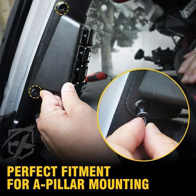 Alt view image 3 of 7 - Left Side A-Pillar 4-Switch Panel Pod Distribution Control System with Blue Backlight and Relay Box, Rocker Switch Panel Kit Compatible with 2007-2018 Wrangler JK JKU