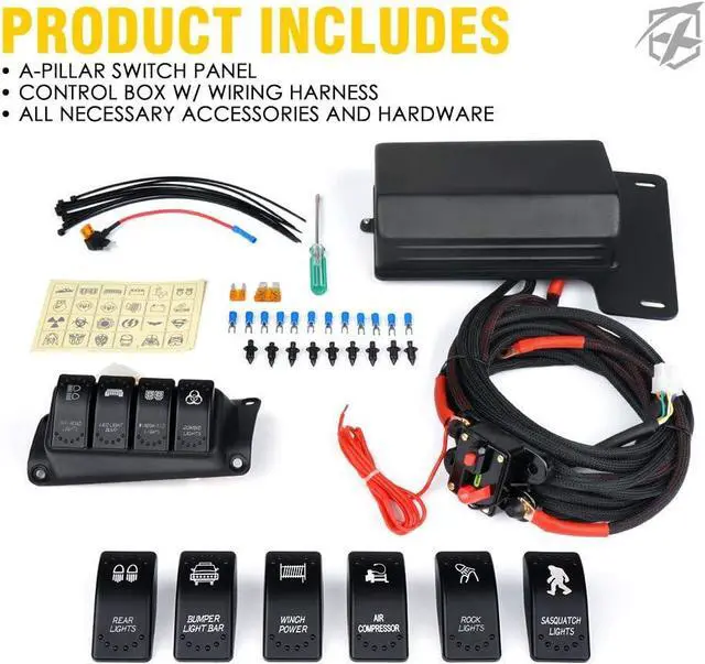 Alt view image 7 of 7 - Left Side A-Pillar 4-Switch Panel Pod Distribution Control System with Blue Backlight and Relay Box, Rocker Switch Panel Kit Compatible with 2007-2018 Wrangler JK JKU