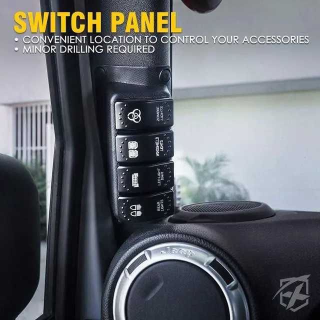 Alt view image 6 of 7 - Left Side A-Pillar 4-Switch Panel Pod Distribution Control System with Blue Backlight and Relay Box, Rocker Switch Panel Kit Compatible with 2007-2018 Wrangler JK JKU