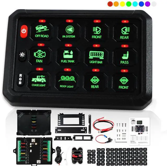 Main image of 5.5" RGB 12 Gang Switch Panel,12V 24V Switch Panel with 3 Silicon Button,5-Level Brightness Touch Control Panel Boxl for Car Truck