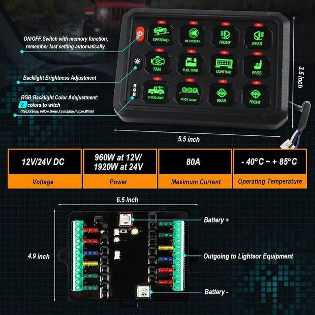 Alt view image 3 of 7 - 5.5" RGB 12 Gang Switch Panel,12V 24V Switch Panel with 3 Silicon Button,5-Level Brightness Touch Control Panel Boxl for Car Truck