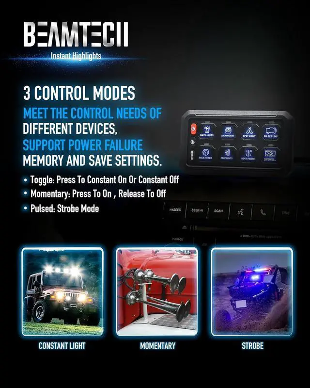 Alt view image 2 of 7 - Wireless 8 Gang Switch Panel, RGB Multifunction Switch Toggle Momentary Pulsed Circuit Control Relay System Box Auxiliary Touch Control Switch LED Light Controller for Off Road Car