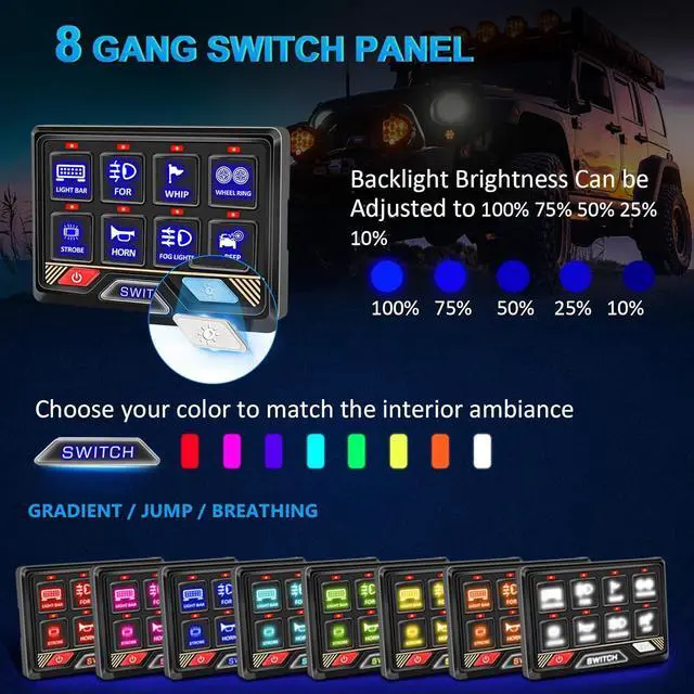 Alt view image 3 of 7 - RGB 8 Gang Switch Panel Waterproof Aluminum Led Switch Panel Universal Circuit Control System Relay Box Compatible with UTV ATV RV Car Boat Truck Trailer