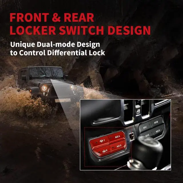 Alt view image 3 of 7 - No Software Update Required OEM Style Plug&Play Front & Rear Locker Switch Aux Switch Panel Dash 4 Buttons for JL 2018-2023 & JT 2019-2023, Red, for LASFIT