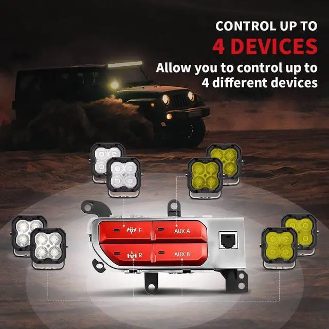 Alt view image 4 of 7 - No Software Update Required OEM Style Plug&Play Front & Rear Locker Switch Aux Switch Panel Dash 4 Buttons for JL 2018-2023 & JT 2019-2023, Red, for LASFIT