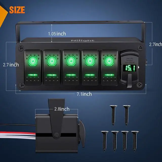 Alt view image 2 of 7 - Nilight 5 Gang Rocker Switch Box 12V SPST ON Off Toggle Switch PD Type C and QC 3.0 USB Charger Voltmeter LED Light Waterproof Aluminum Mount Bracket Switch Panel DIY Stickers for Boat Car RV Truck