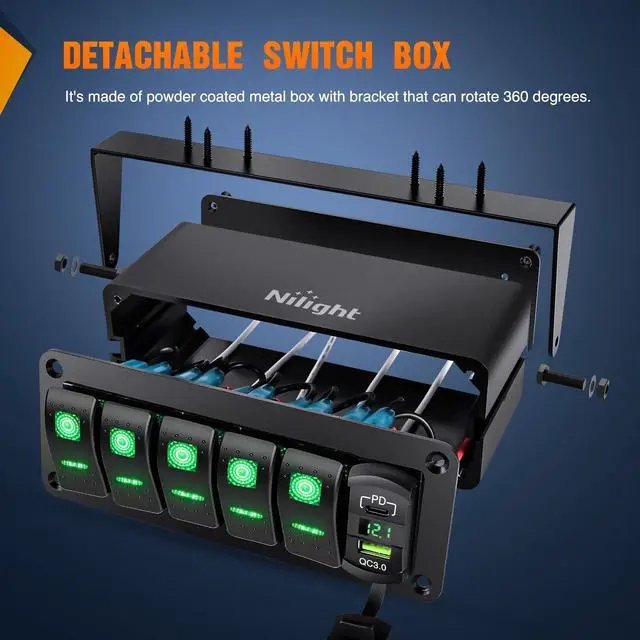 Alt view image 5 of 7 - Nilight 5 Gang Rocker Switch Box 12V SPST ON Off Toggle Switch PD Type C and QC 3.0 USB Charger Voltmeter LED Light Waterproof Aluminum Mount Bracket Switch Panel DIY Stickers for Boat Car RV Truck