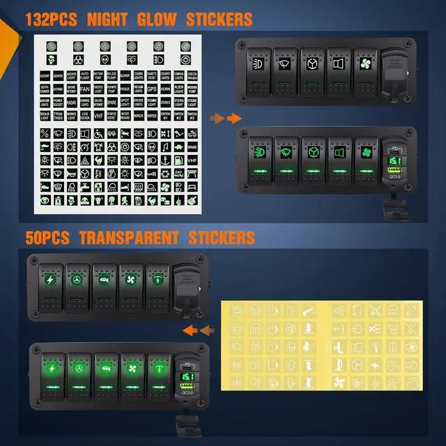 Alt view image 4 of 7 - Nilight 5 Gang Rocker Switch Box 12V SPST ON Off Toggle Switch PD Type C and QC 3.0 USB Charger Voltmeter LED Light Waterproof Aluminum Mount Bracket Switch Panel DIY Stickers for Boat Car RV Truck