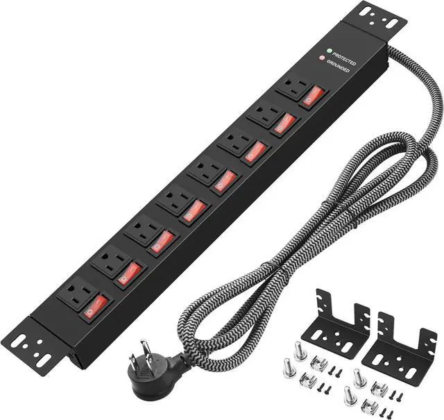 Main image of Rack Mount Power Strips,8 Outlet Strips Surge Protector with Individual Switches, PDU Power Strip for Server Racks, 14AWG Heavy-Duty Braided Extension Cord,2700J,15A 125V 1875W (10 FT Cable)