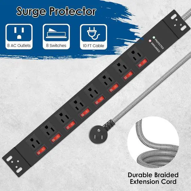 Alt view image 3 of 7 - Rack Mount Power Strips,8 Outlet Strips Surge Protector with Individual Switches, PDU Power Strip for Server Racks, 14AWG Heavy-Duty Braided Extension Cord,2700J,15A 125V 1875W (10 FT Cable)