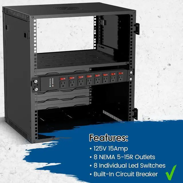 Alt view image 4 of 7 - Rack Mount Power Strips,8 Outlet Strips Surge Protector with Individual Switches, PDU Power Strip for Server Racks, 14AWG Heavy-Duty Braided Extension Cord,2700J,15A 125V 1875W (10 FT Cable)