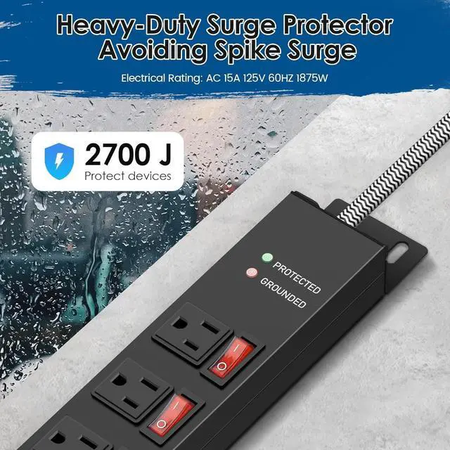 Alt view image 5 of 7 - Rack Mount Power Strips,8 Outlet Strips Surge Protector with Individual Switches, PDU Power Strip for Server Racks, 14AWG Heavy-Duty Braided Extension Cord,2700J,15A 125V 1875W (10 FT Cable)