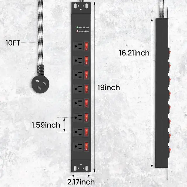 Alt view image 7 of 7 - Rack Mount Power Strips,8 Outlet Strips Surge Protector with Individual Switches, PDU Power Strip for Server Racks, 14AWG Heavy-Duty Braided Extension Cord,2700J,15A 125V 1875W (10 FT Cable)