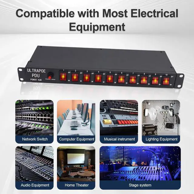 Alt view image 6 of 7 - 10-Outlet 1U Horizontal PDU Rack Mount Power Strip - Surge Protector,100-240V/15A/1800 Joules,for Network Servers,Power Conditioner with 10 Individual Switches and 6 ft Power Cord