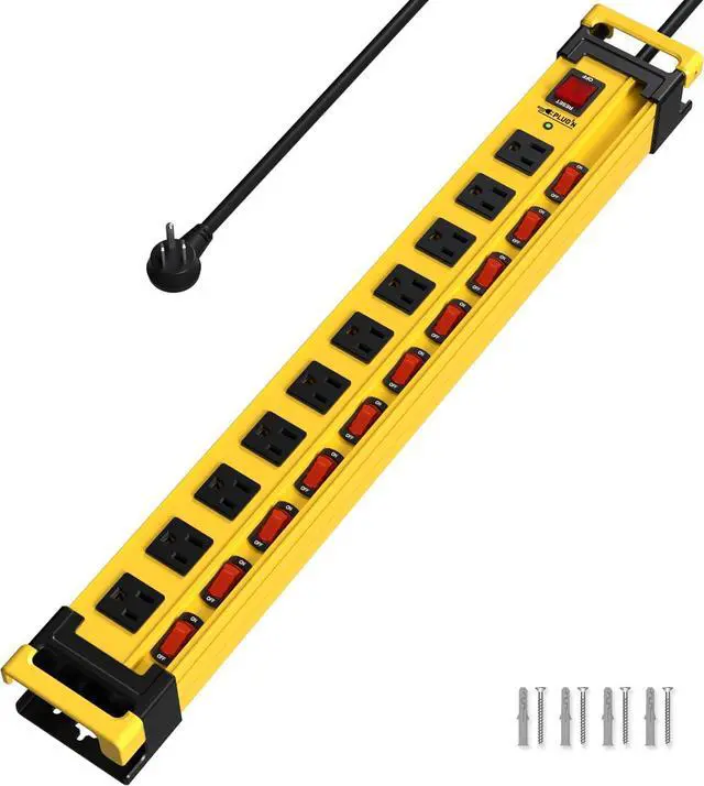 Main image of Power Strip 10 Outlet,3300J Surge Protector with Individual Switches,9FT Cord 14AWG/15AMP/1875W,Metal Heavy Duty Power Strip with Cord Manager,for Workshop,Garage,Shop,Home