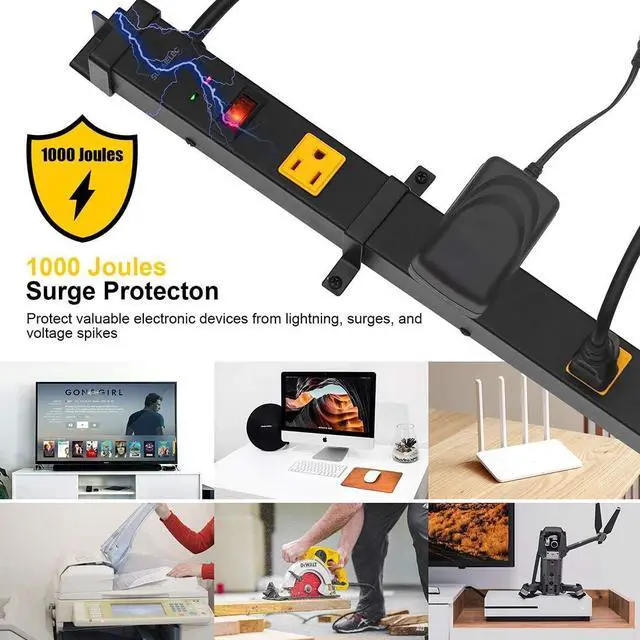 Alt view image 4 of 7 - 2-Pack 10 Outlet Long Power Strip Surge Protector, Industrial Heavy Duty Metal Shop Power Strip Flat Plug, 1000 Joules, 15 A Breaker, 6FT Cord, Wall Mountable, for Work Bench, Shop, Garage