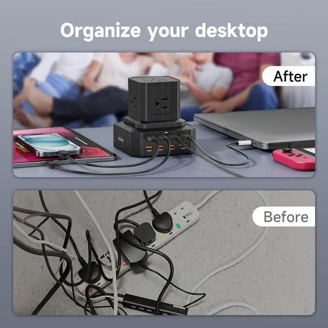 Alt view image 5 of 7 - Charging Station (100W), 13-in-1 USB C Power Strip with Surge Protection, 6.6Ft Extension Cord, 4 USB C and 4 USB A Ports, 5 AC Outlets for Home Office Dorm Room