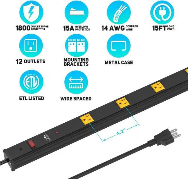 Alt view image 2 of 7 - Heavy Duty Metal Wide Spaced Power Strip Surge Protector with 15A Circuit Breaker 15FT Extral Long Cord 1800-Joule (12 Outlet)