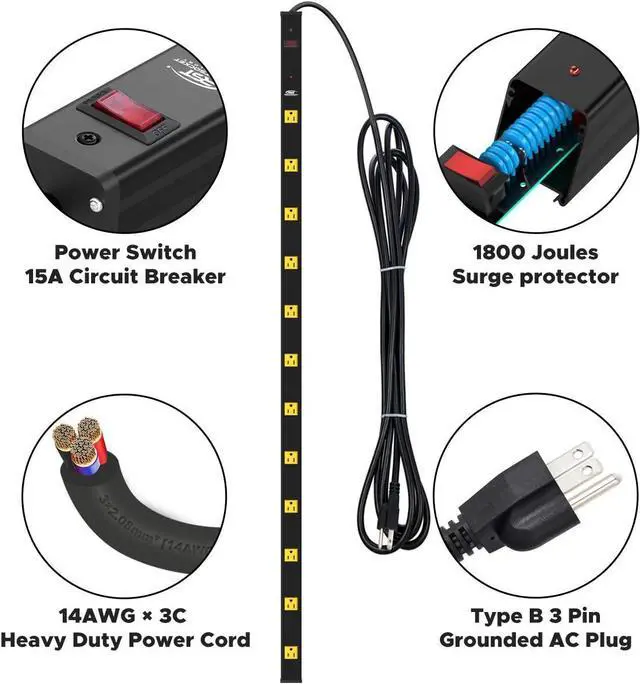 Alt view image 4 of 7 - Heavy Duty Metal Wide Spaced Power Strip Surge Protector with 15A Circuit Breaker 15FT Extral Long Cord 1800-Joule (12 Outlet)