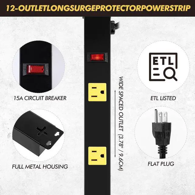 Alt view image 3 of 7 - Kanayu 2 Pcs 12 Outlet Long Power Strip Wide Heavy Duty Industrial Power Strip 6 ft Power Cord Work Bench Power Strip, 15A, 125V, 1875W, for Garage Workshop Wall (Yellow and Black)