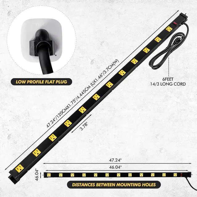 Alt view image 5 of 7 - Kanayu 2 Pcs 12 Outlet Long Power Strip Wide Heavy Duty Industrial Power Strip 6 ft Power Cord Work Bench Power Strip, 15A, 125V, 1875W, for Garage Workshop Wall (Yellow and Black)
