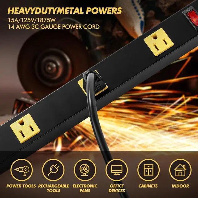 Alt view image 4 of 7 - Kanayu 2 Pcs 12 Outlet Long Power Strip Wide Heavy Duty Industrial Power Strip 6 ft Power Cord Work Bench Power Strip, 15A, 125V, 1875W, for Garage Workshop Wall (Yellow and Black)