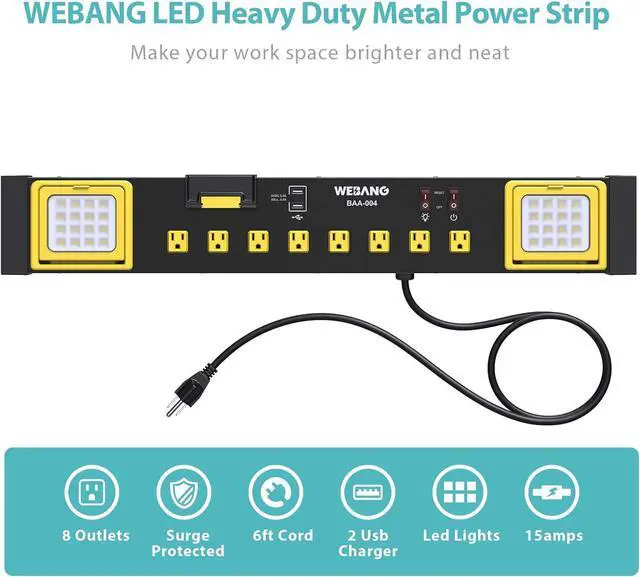 Alt view image 3 of 7 - Heavy Duty Metal Power Strip Surge Protector with 8 Outlets,2 USB Ports, Led Worklight, 15A Circuit Breaker, Wall Mount, UL Listed for Workshop/Garage/Countertop