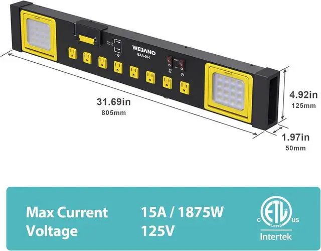 Alt view image 4 of 7 - Heavy Duty Metal Power Strip Surge Protector with 8 Outlets,2 USB Ports, Led Worklight, 15A Circuit Breaker, Wall Mount, UL Listed for Workshop/Garage/Countertop