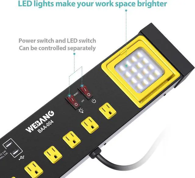 Alt view image 5 of 7 - Heavy Duty Metal Power Strip Surge Protector with 8 Outlets,2 USB Ports, Led Worklight, 15A Circuit Breaker, Wall Mount, UL Listed for Workshop/Garage/Countertop