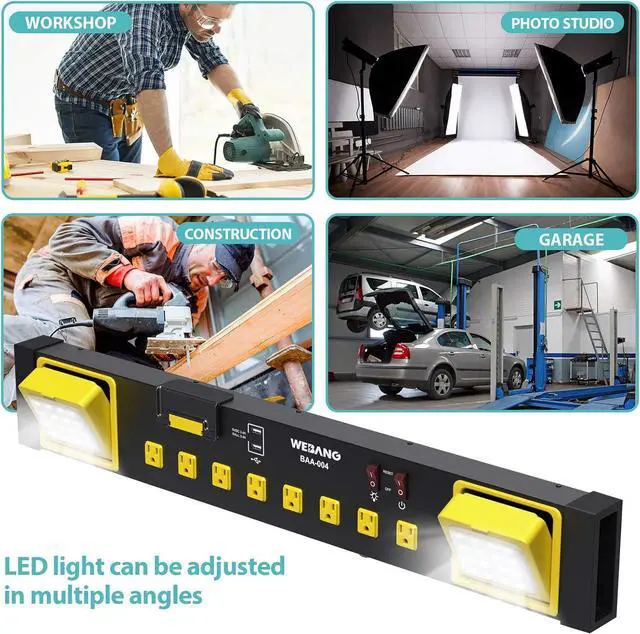Alt view image 7 of 7 - Heavy Duty Metal Power Strip Surge Protector with 8 Outlets,2 USB Ports, Led Worklight, 15A Circuit Breaker, Wall Mount, UL Listed for Workshop/Garage/Countertop