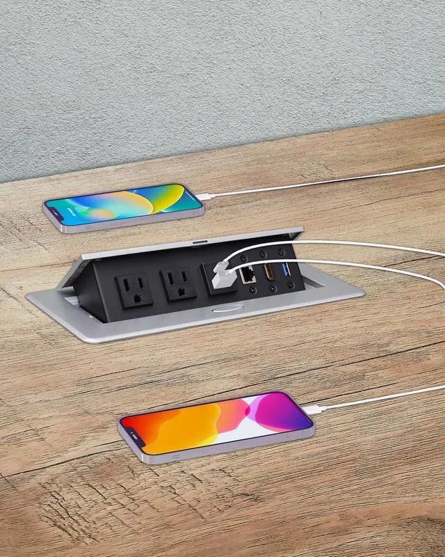 Alt view image 2 of 6 - Conference Table Power Hub, Table Pop Up Power Strip Box with Type-C PD 20W Fast Charging Ports, LAN, HDMI(4K) and USB 3.0 for Conference Room Office Desk (Silver)