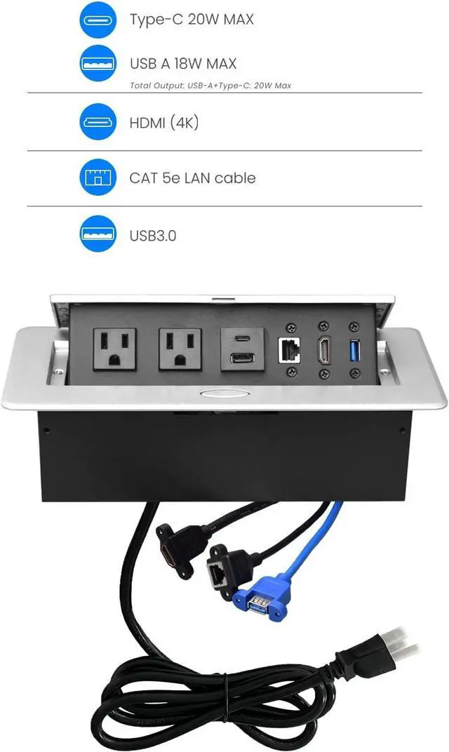 Alt view image 3 of 6 - Conference Table Power Hub, Table Pop Up Power Strip Box with Type-C PD 20W Fast Charging Ports, LAN, HDMI(4K) and USB 3.0 for Conference Room Office Desk (Silver)