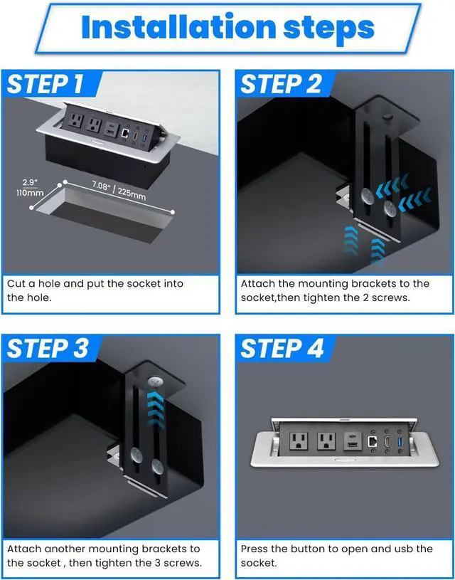 Alt view image 5 of 6 - Conference Table Power Hub, Table Pop Up Power Strip Box with Type-C PD 20W Fast Charging Ports, LAN, HDMI(4K) and USB 3.0 for Conference Room Office Desk (Silver)