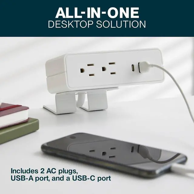 Alt view image 2 of 6 - NeatHub Desktop Power Strip, 2-Outlet, 2-Port White Desk Clamp Power Strip, Smart Power Distribution Desk Power Station, Desk Outlet for Laptops, Tablets, Mobile Devices