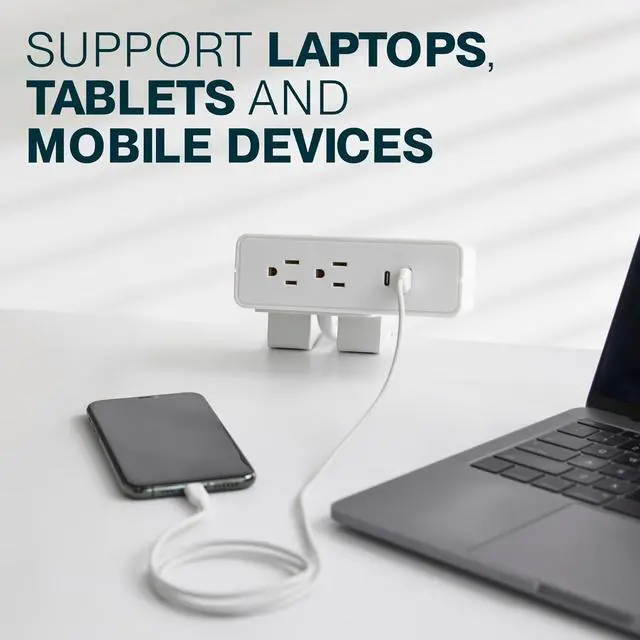 Alt view image 4 of 6 - NeatHub Desktop Power Strip, 2-Outlet, 2-Port White Desk Clamp Power Strip, Smart Power Distribution Desk Power Station, Desk Outlet for Laptops, Tablets, Mobile Devices