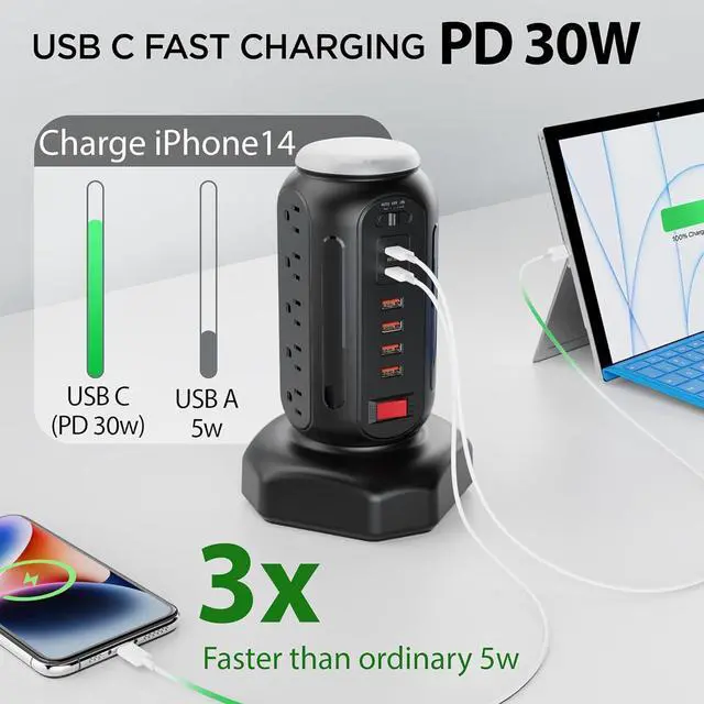 Alt view image 2 of 6 - PD 30W Fast Charging Power Strip, with Surge Protector, RGB Night Light, 15 Outlets Power Tower, 2 Type C and 4 USB Ports, Space Saving, Retractable Extension Cord 6.5ft for Home (Black)