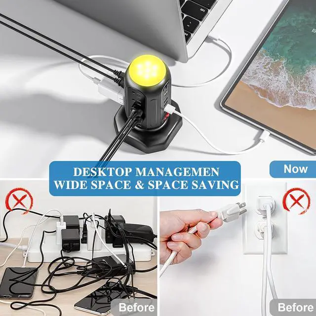 Alt view image 4 of 6 - PD 30W Fast Charging Power Strip, with Surge Protector, RGB Night Light, 15 Outlets Power Tower, 2 Type C and 4 USB Ports, Space Saving, Retractable Extension Cord 6.5ft for Home (Black)