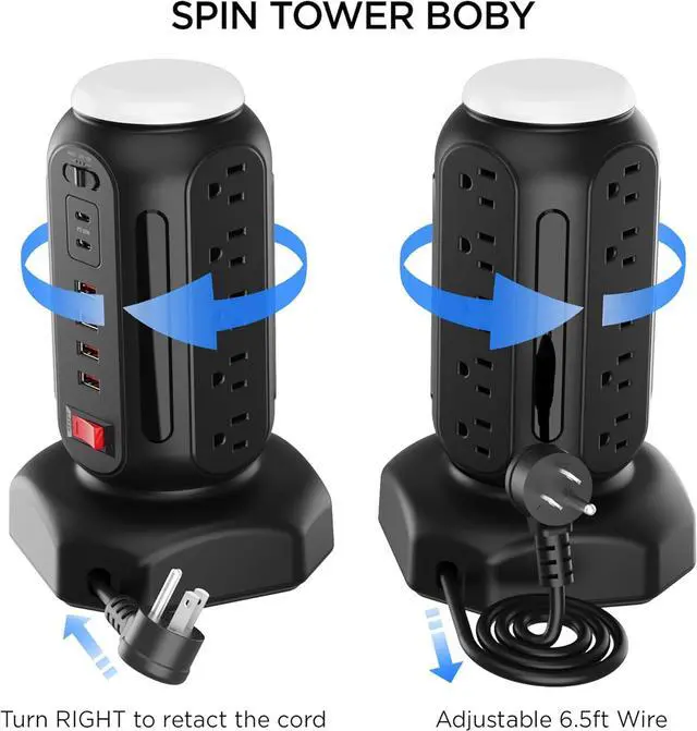 Alt view image 5 of 6 - PD 30W Fast Charging Power Strip, with Surge Protector, RGB Night Light, 15 Outlets Power Tower, 2 Type C and 4 USB Ports, Space Saving, Retractable Extension Cord 6.5ft for Home (Black)
