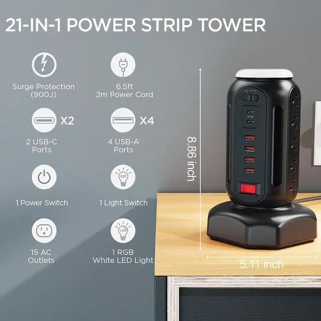 Alt view image 6 of 6 - PD 30W Fast Charging Power Strip, with Surge Protector, RGB Night Light, 15 Outlets Power Tower, 2 Type C and 4 USB Ports, Space Saving, Retractable Extension Cord 6.5ft for Home (Black)